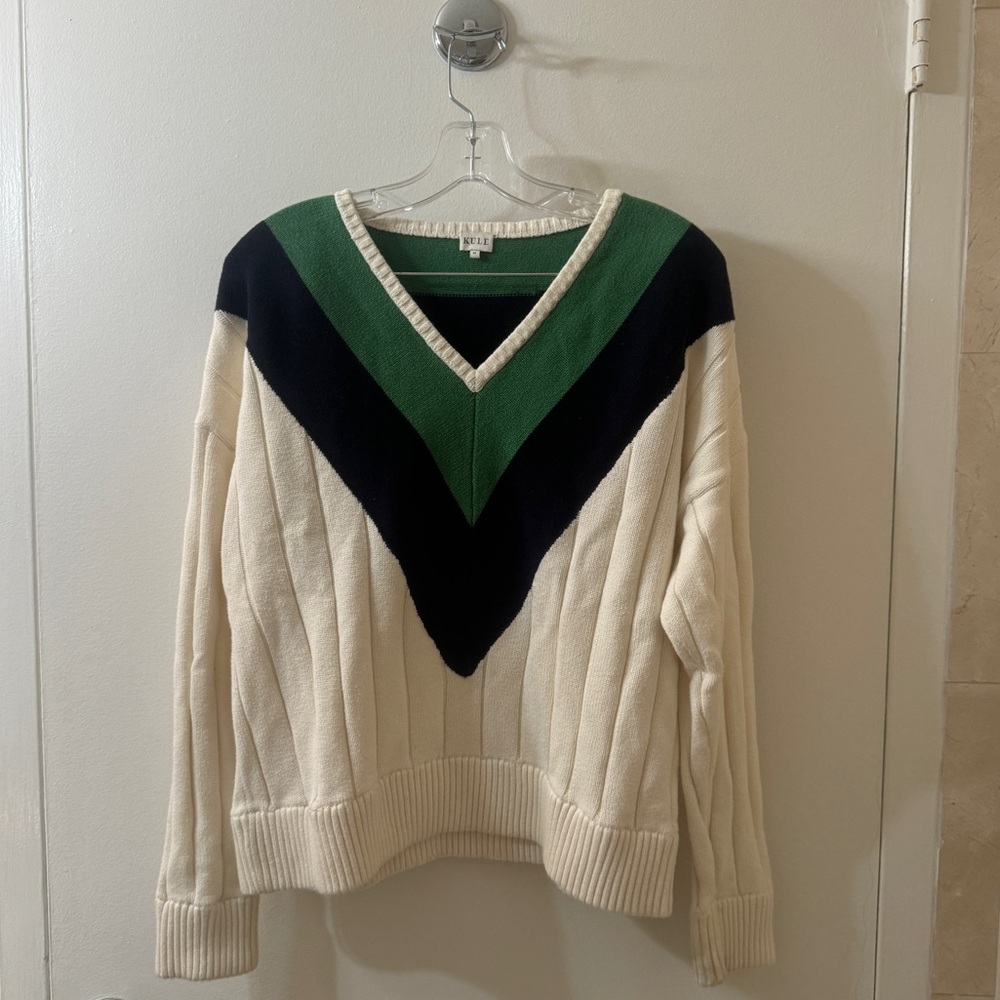 KULE V-Neck tennis style Sweater with Green and Navy Chevron